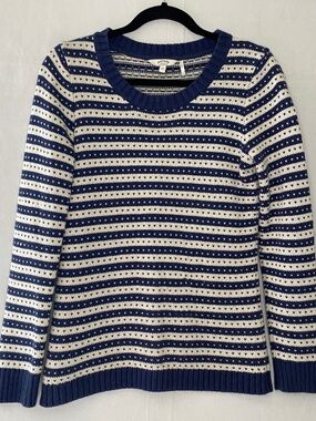 FATFACE UK Size 10 Blue White Stripe Crew Neck Long Sleeve Sweater Hearts